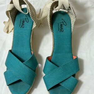 Pima 2 made in Spain blue and white ankle wrap espadrille sandals